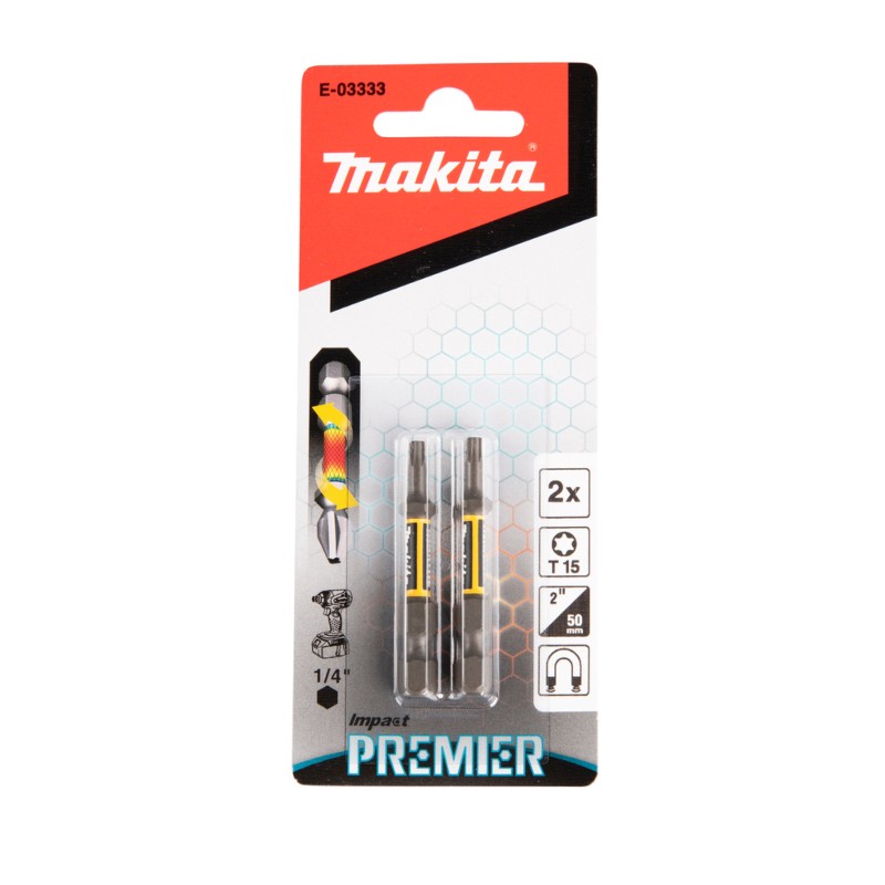 E-03333 MAKITA Set 2 biti Impact Premier T15 50mm, prindere hex 1/4"