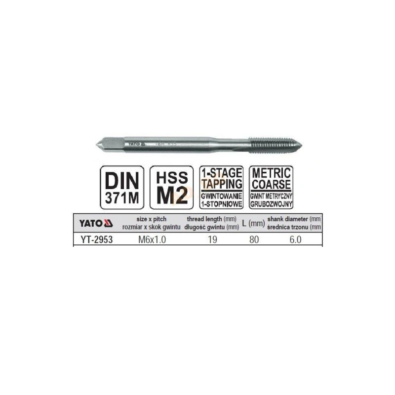 YT-2953 YATO Tarod HSS M2, M6, lungime 80mm, pas filet 1mm
