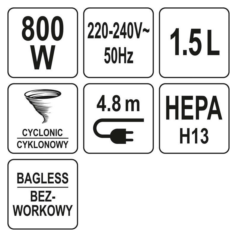 67112 LUND Aspirator vertical fara sac, HEPA, sistem Ciclon, 800W 1.5l