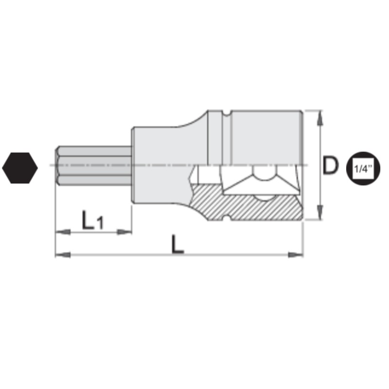 607898 UNIOR Cheie tubulara cu bit hexagonal 3 mm patrat interior 1/4"