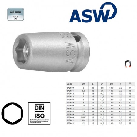 12030700330 ASW Cheie tubulara hexagonala impact 7 mm patrat 1/4" cu magnet