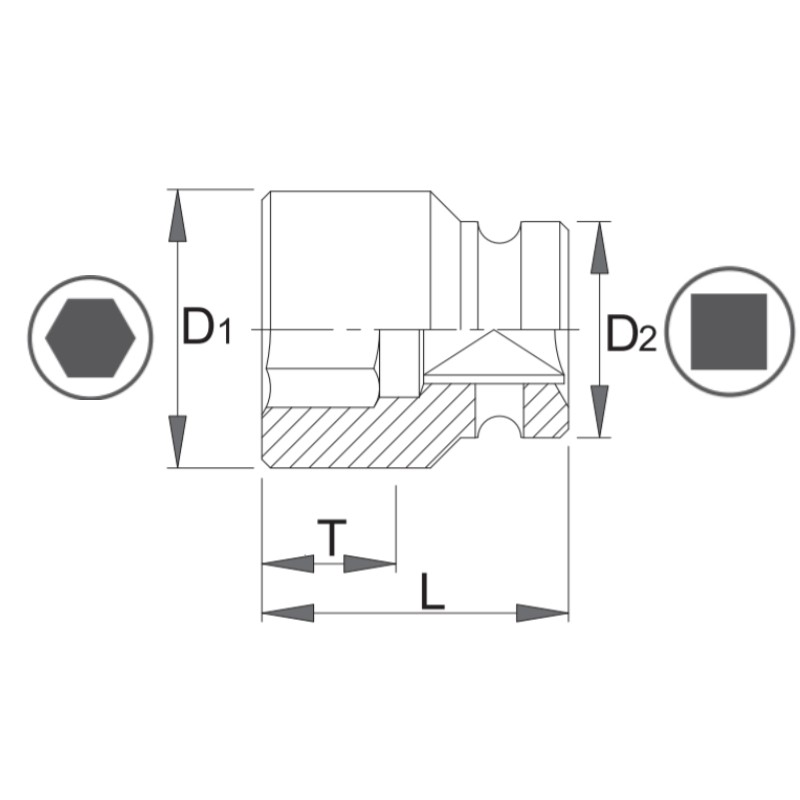 1000071173 ASW Cheie tubulara hexagonala 19 mm patrat 3/8" lunga de impact