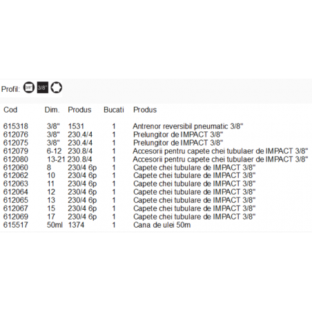 UNIOR Antrenor reversibil chei tubulare impact patrat 3/8" 13 piese