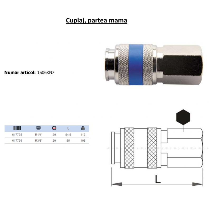617796 UNIOR Cuplaj cu filet interior partea mama R3/8" lungime 55 mm