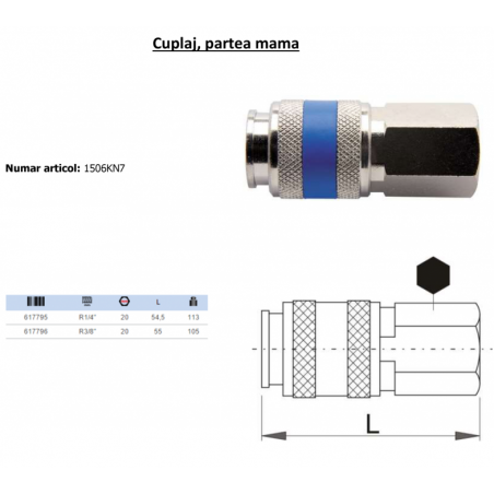 617796 UNIOR Cuplaj cu filet interior partea mama R3/8" lungime 55 mm