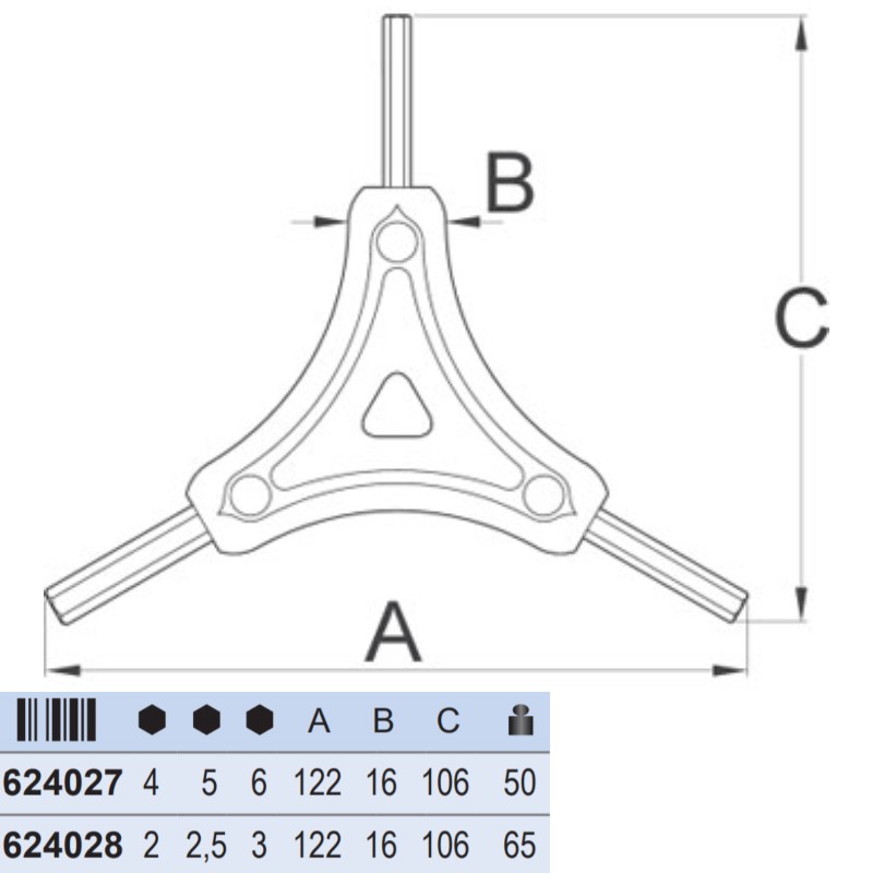 624027 UNIOR Cheie hexagonala cu trei picioare 4-5-6 mm