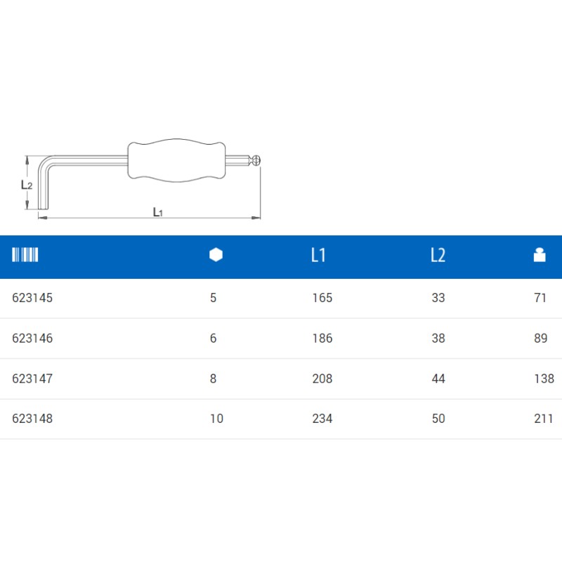 623147 UNIOR Cheie hexagonala 8 mm cu cap sferic si maner, tip L.