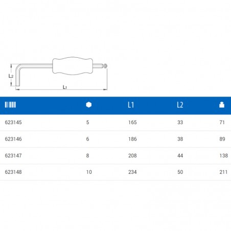 623147 UNIOR Cheie hexagonala 8 mm cu cap sferic si maner, tip L.