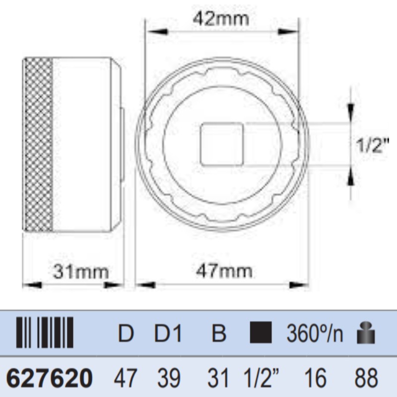 627620 UNIOR Cheie tubulara ax pedalier diametru 47 mm patrat 1/2"