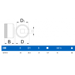 627619 UNIOR Cheie tubulara ax pedalier diametru 45 mm patrat 1/2"