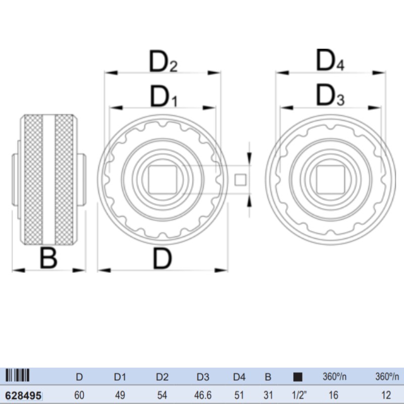 628495 UNIOR Cheie tubulara dubla ax pedalier diametru 60mm patrat 1/2