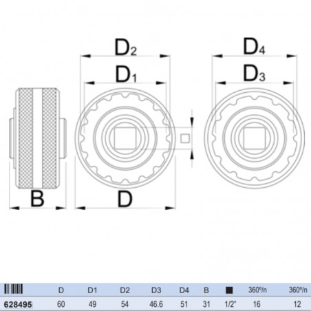 628495 UNIOR Cheie tubulara dubla ax pedalier diametru 60mm patrat 1/2