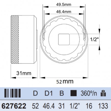627622 UNIOR Cheie tubulara ax pedalier diametru 52 mm patrat 1/2" 627622 UNIOR Cheie tubulara ax pedalier diametru 52 mm patrat 1/2"