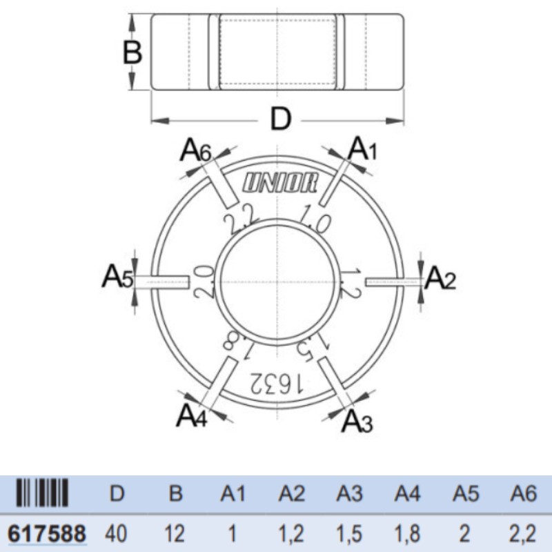 617588 UNIOR Cheie pentru fixarea spitelor 1-1.2-1.5-1.8-2-2.2 mm.