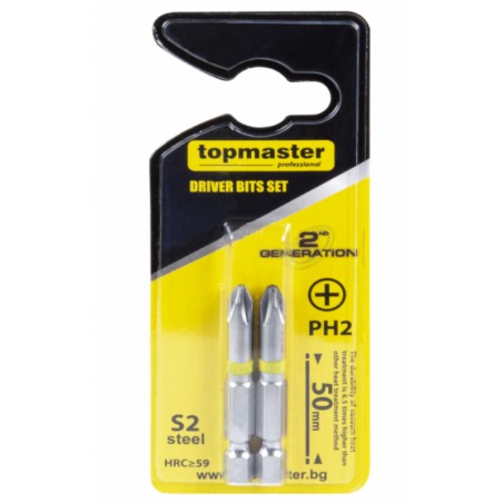 338709 TOPMASTER Set 2 biti cruce PH2, hexagon 1/4", lungime 50 mm.