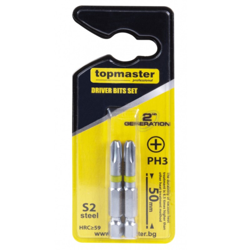 338710 TOPMASTER Set 2 biti cruce PH3, hexagon 1/4", lungime 50 mm.