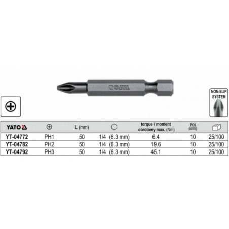YT-04772 YATO Set 10 biti cruce PH1,hexagon 1/4", lungime 50 mm.