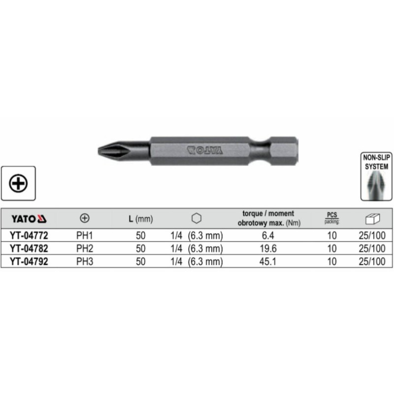 YT-04782 YATO Set 10 biti cruce PH2, hexagon 1/4", lungime 50 mm.