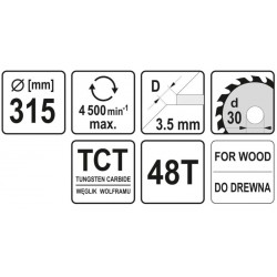 YT-60792 YATO Disc circular 315 x 3.5 x 30, 48T, pentru lemn.