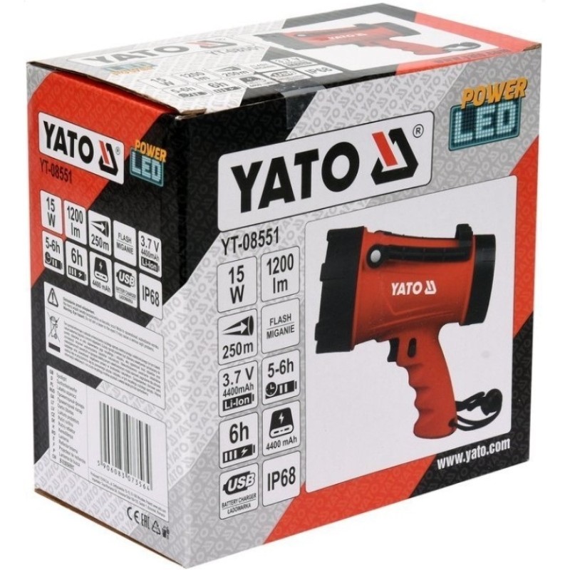 YATO Lanterna cu acumulator, Li-Ion 3.7 V, LED 15 W, 1200 Lm.