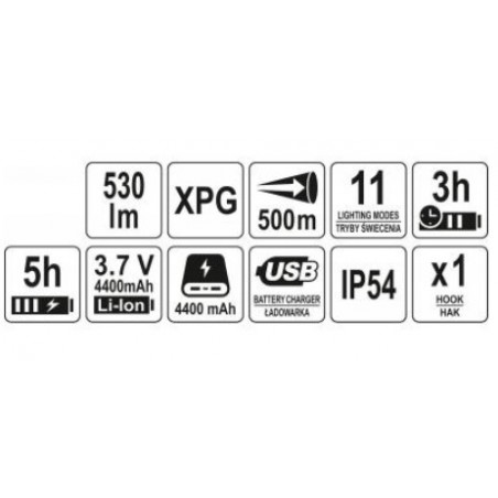 YT-08579 YATO Lanterna 3 in 1 LED, cu acumulator Li-Ion 3.7 V, 530 Lm.