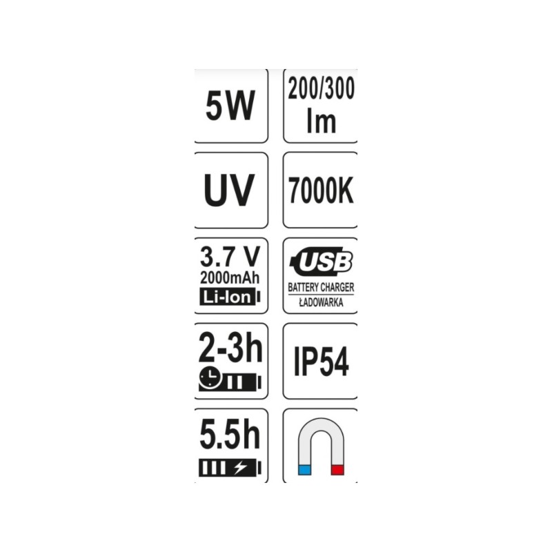 YT-08580 YATO Lanterna cu acumulator, Li-Ion 3.7 V, LED COB 5 W si UV.