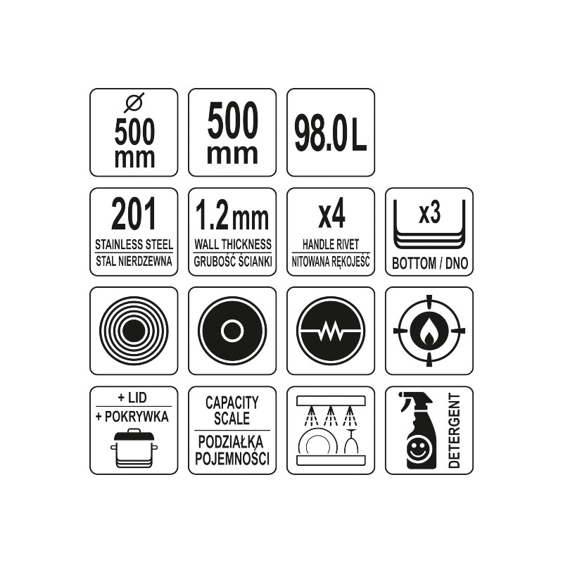 YG-00020 YATO Oala inalta cu capac, 50 x 50 cm, capacitate 98 litri.
