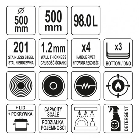 YG-00020 YATO Oala inalta cu capac, 50 x 50 cm, capacitate 98 litri.