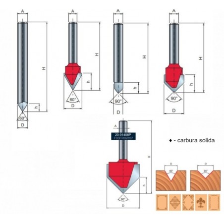 20-10208P FREUD Freza 9.5 mm,coada 8 mm,profilata in V pentru gravura.