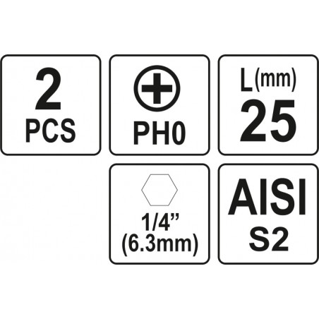 YT-77870 YATO Set 2 biti cruce PH0, prindere hexagonala 1/4".