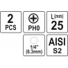 YT-77870 YATO Set 2 biti cruce PH0, prindere hexagonala 1/4".