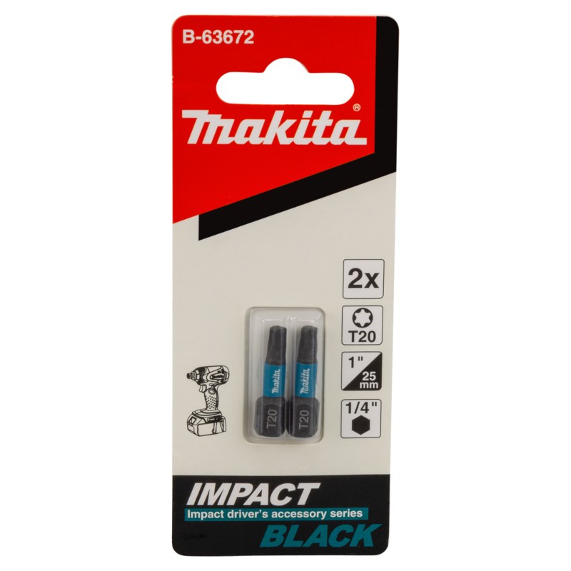 B-63672 MAKITA Set 2 biti Impact Black T20x25mm, prindere hexagon 1/4"