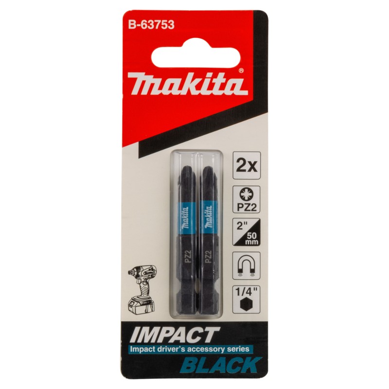 B-63753 MAKITA Set 2 biti Impact Black PZ2x50mm, prindere hexagon 1/4"