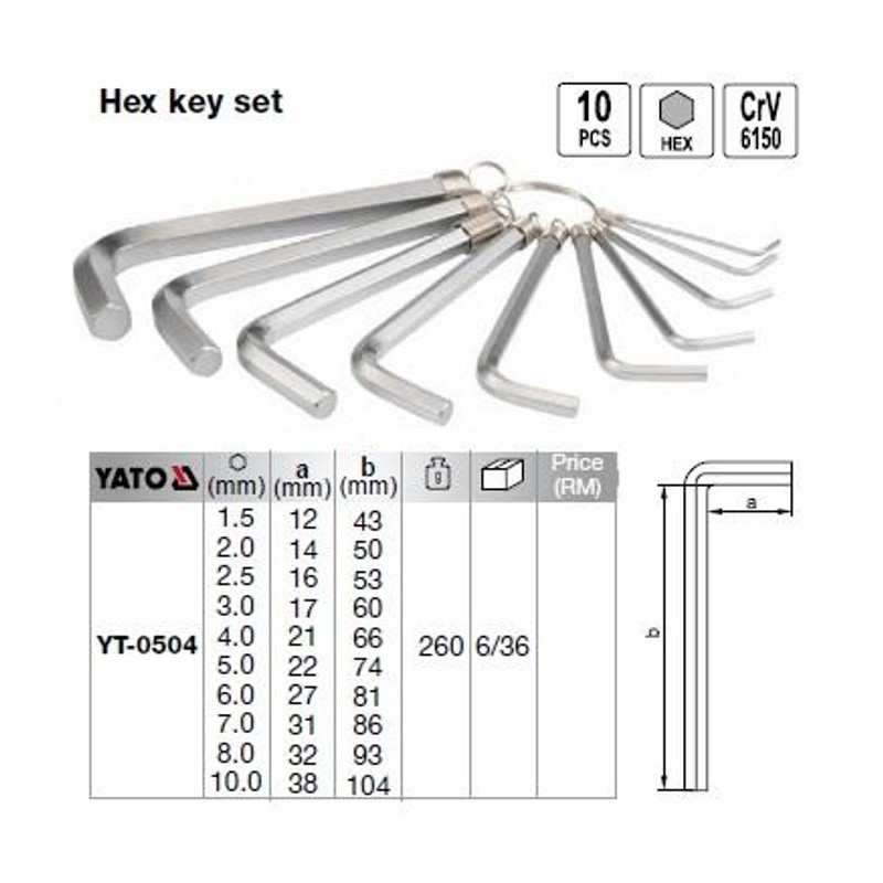 YT-0504 Yato 10 chei imbus locas hexagonal tip L dimensiuni 1.5-10 mm