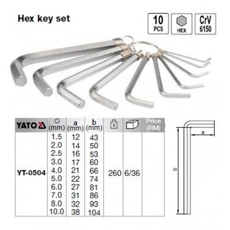 YT-0504 Yato 10 chei imbus locas hexagonal tip L dimensiuni 1.5-10 mm