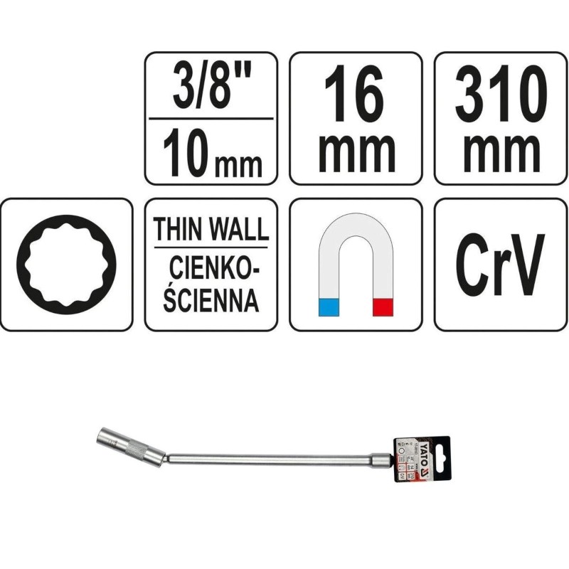 YT-08164 YATO Cheie tubulara bujii bihexagon 16mm, cu prelungitor 3/8"