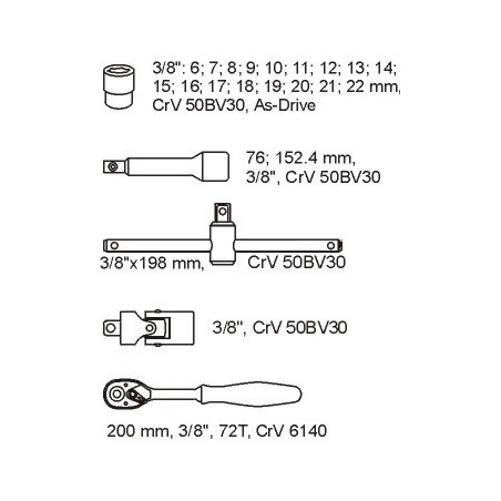 YT-5542 YATO Trusa chei tubulare si antrenor 3/8" pentru dulap