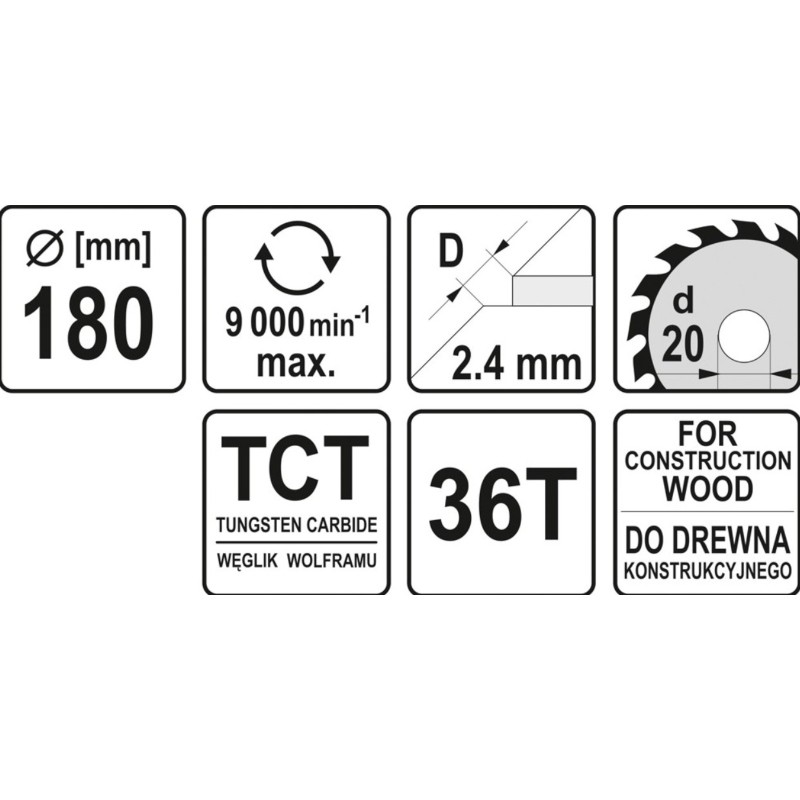 YT-60482 YATO Disc circular pentru lemn 180 x 20 x 2.4 mm, 36 dinti