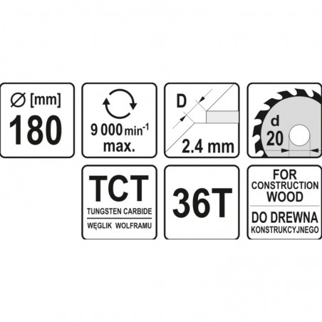 YT-60482 YATO Disc circular pentru lemn 180 x 20 x 2.4 mm, 36 dinti