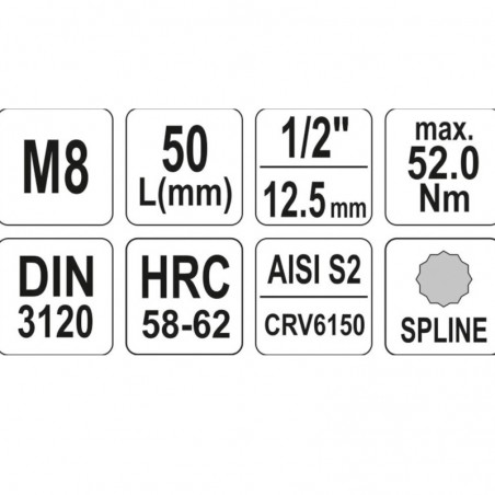 YT-04342 YATO Bit spline M8, cu adaptor prindere patrat 1/2".