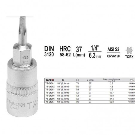 YT-04301 YATO Bit TORX T8, adaptor prindere patrat 1/4", lungime 37 mm
