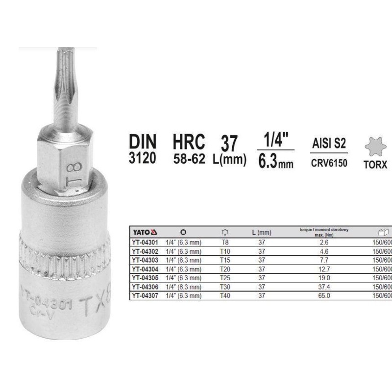 YT-04307 YATO Bit TORX T40,adaptor prindere patrat 1/4",lungime 37 mm.