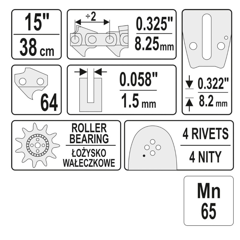 YT-84934 YATO Sina 380 mm, pentru drujbe pas 0.325" 1.5 mm, eclise 64