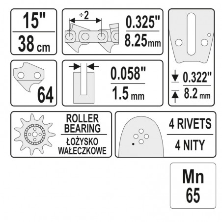 YT-84934 YATO Sina 380 mm, pentru drujbe pas 0.325" 1.5 mm, eclise 64
