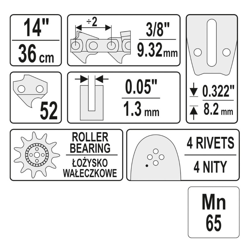 YT-84931 YATO Lama 360 mm, drujba cu lant pas 3/8" 1.3 mm, 52 dinti