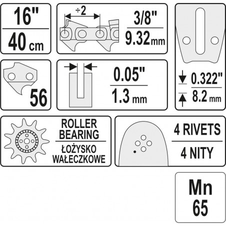 YT-84935 YATO Lama 400 mm, drujba cu lant pas 3/8" 1.3 mm, 56 dinti
