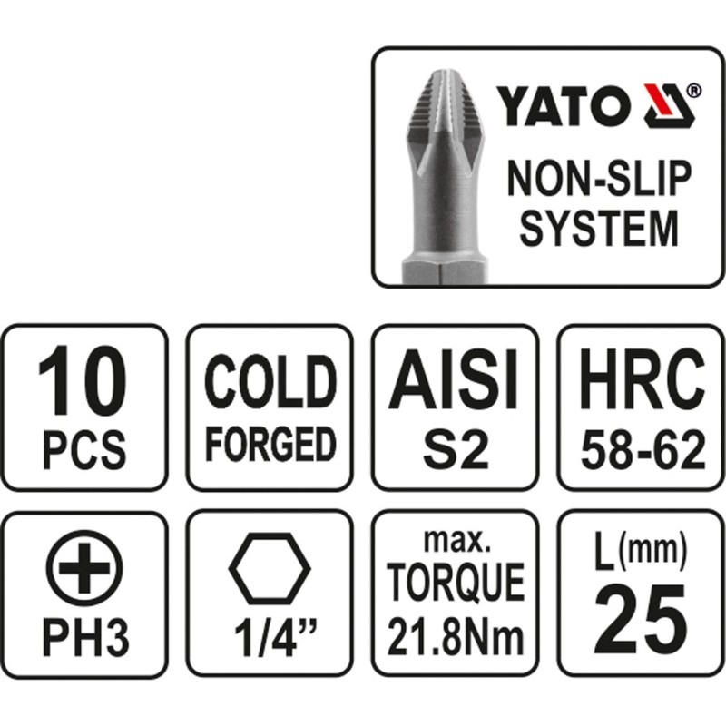YT-0476 YATO Set 10 biti cruce PH3,prindere hexagon 1/4",lungime 25 mm