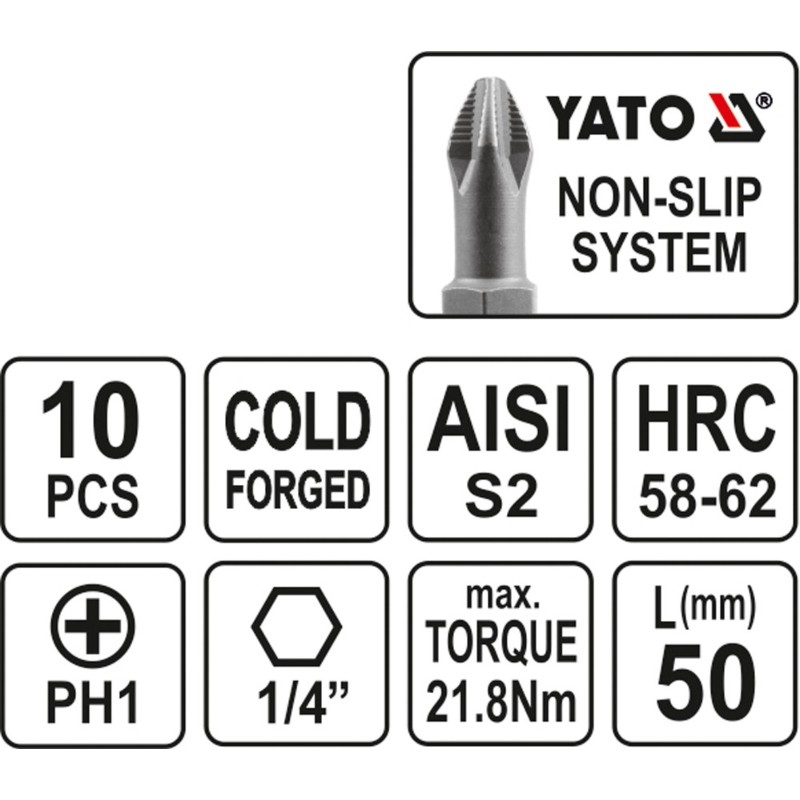 YT-0477 YATO Set 10 biti cruce PH1,prindere hexagon 1/4",lungime 50 mm