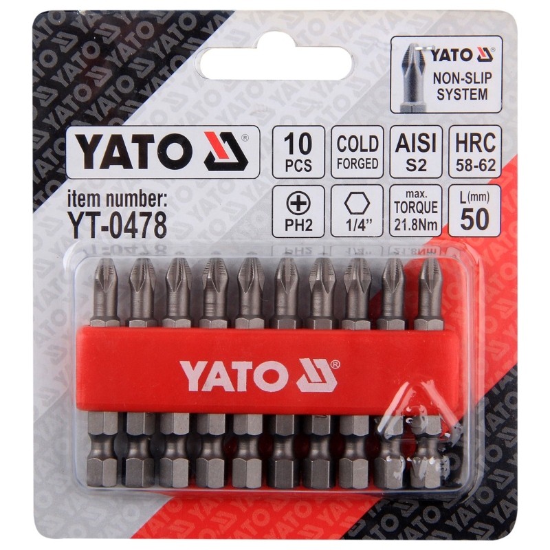 YT-0478 YATO Set 10 biti cruce PH2,prindere hexagon 1/4",lungime 50 mm