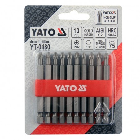 YT-0480 YATO Set 10 biti cruce PH2,prindere hexagon 1/4",lungime 75 mm